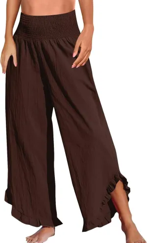 Linen Palazzo Pants Women High Waisted Wide Leg Casual Beach Elastic Waist Summer Ruffle Cropped Pants with Pockets