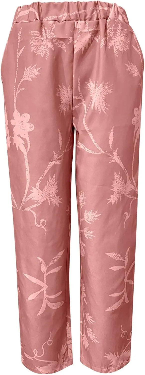 Linen Pants for Women 2025 Summer Casual Drawstring Elastic Trouser Plus Size Lounge Cropped Soft Pants with Pockets