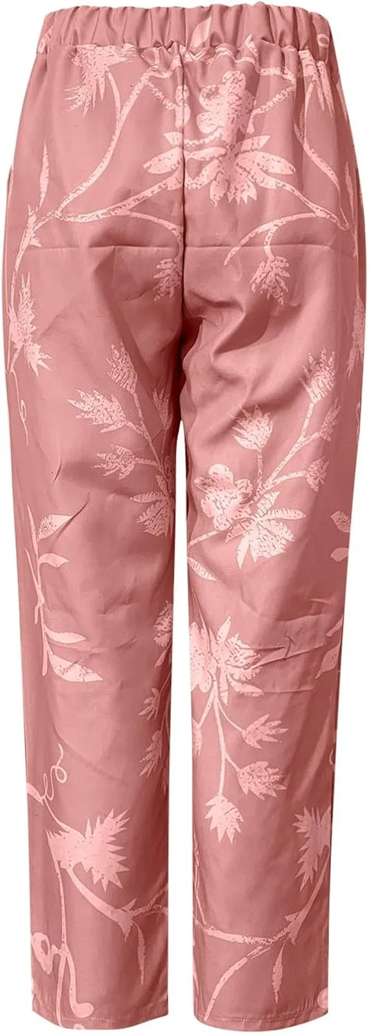 Linen Pants for Women 2025 Summer Casual Drawstring Elastic Trouser Plus Size Lounge Cropped Soft Pants with Pockets