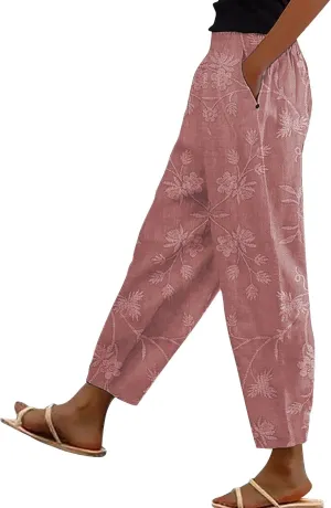 Linen Pants for Women 2025 Summer Casual Drawstring Elastic Trouser Plus Size Lounge Cropped Soft Pants with Pockets