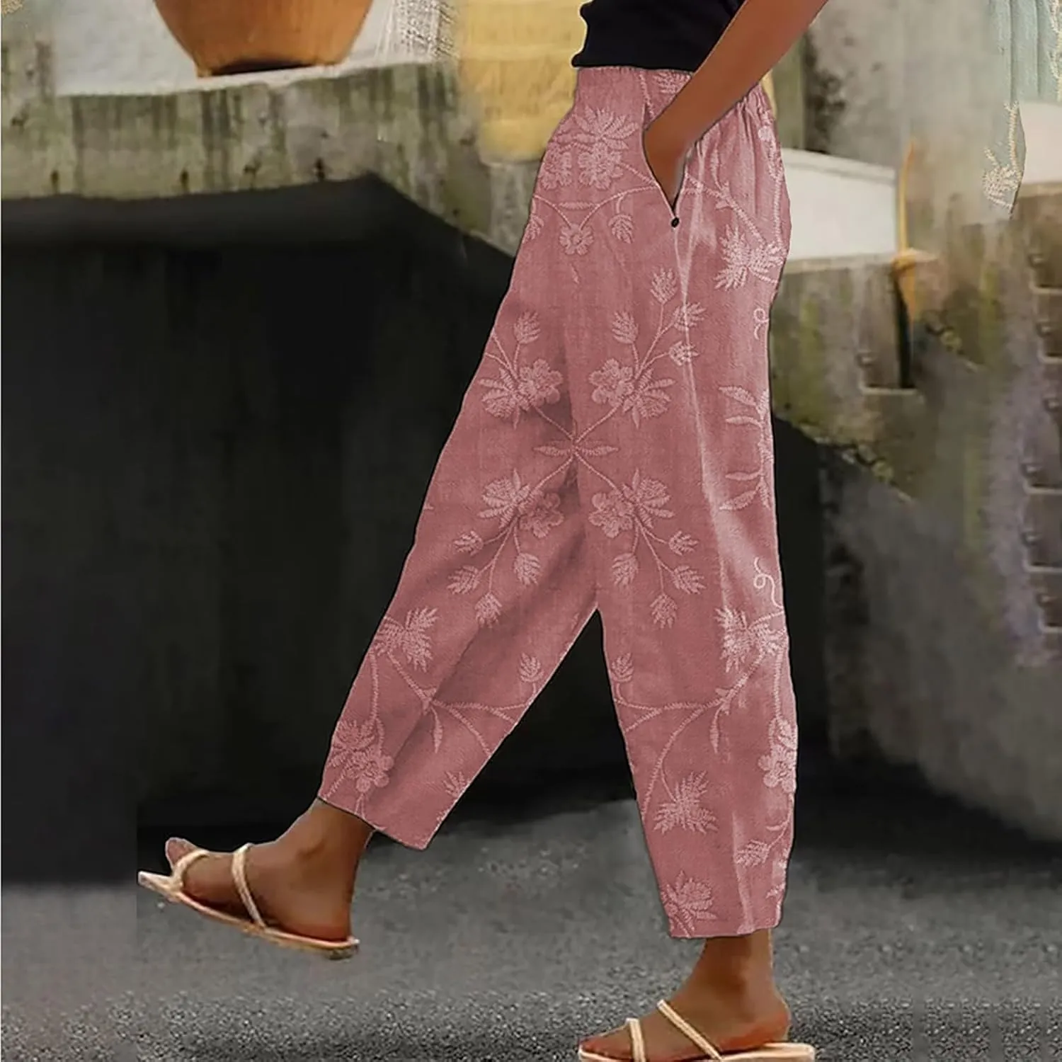 Linen Pants for Women 2025 Summer Casual Drawstring Elastic Trouser Plus Size Lounge Cropped Soft Pants with Pockets