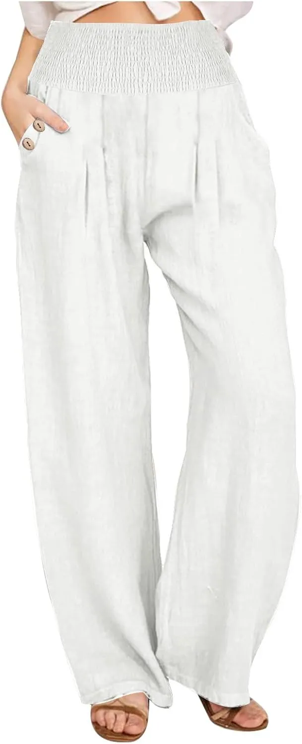 Linen Pants for Women Summer 2025 Casual Drawstring Elastic Waist Long Slacks Wide Leg Pant Lounge Trouser with Pocket