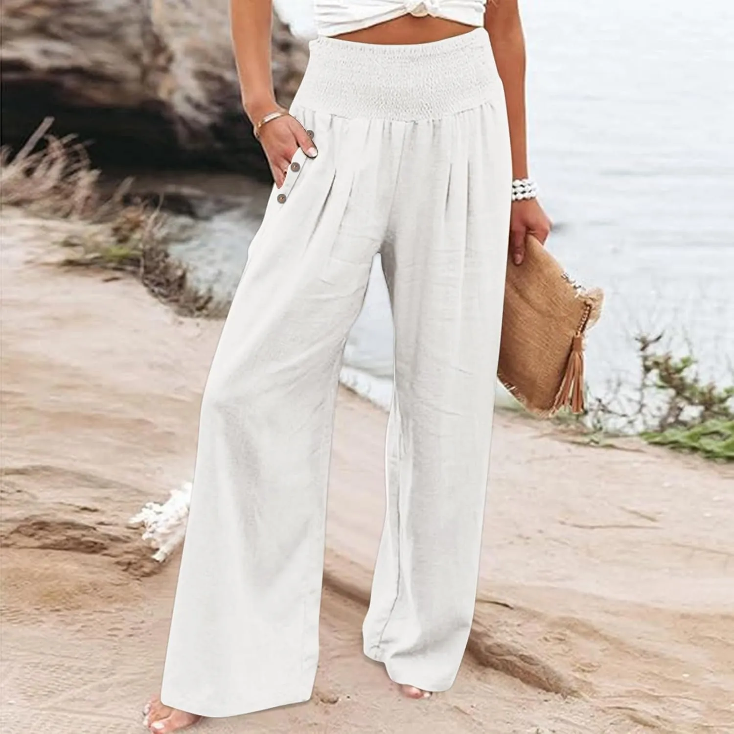 Linen Pants for Women Summer 2025 Casual Drawstring Elastic Waist Long Slacks Wide Leg Pant Lounge Trouser with Pocket