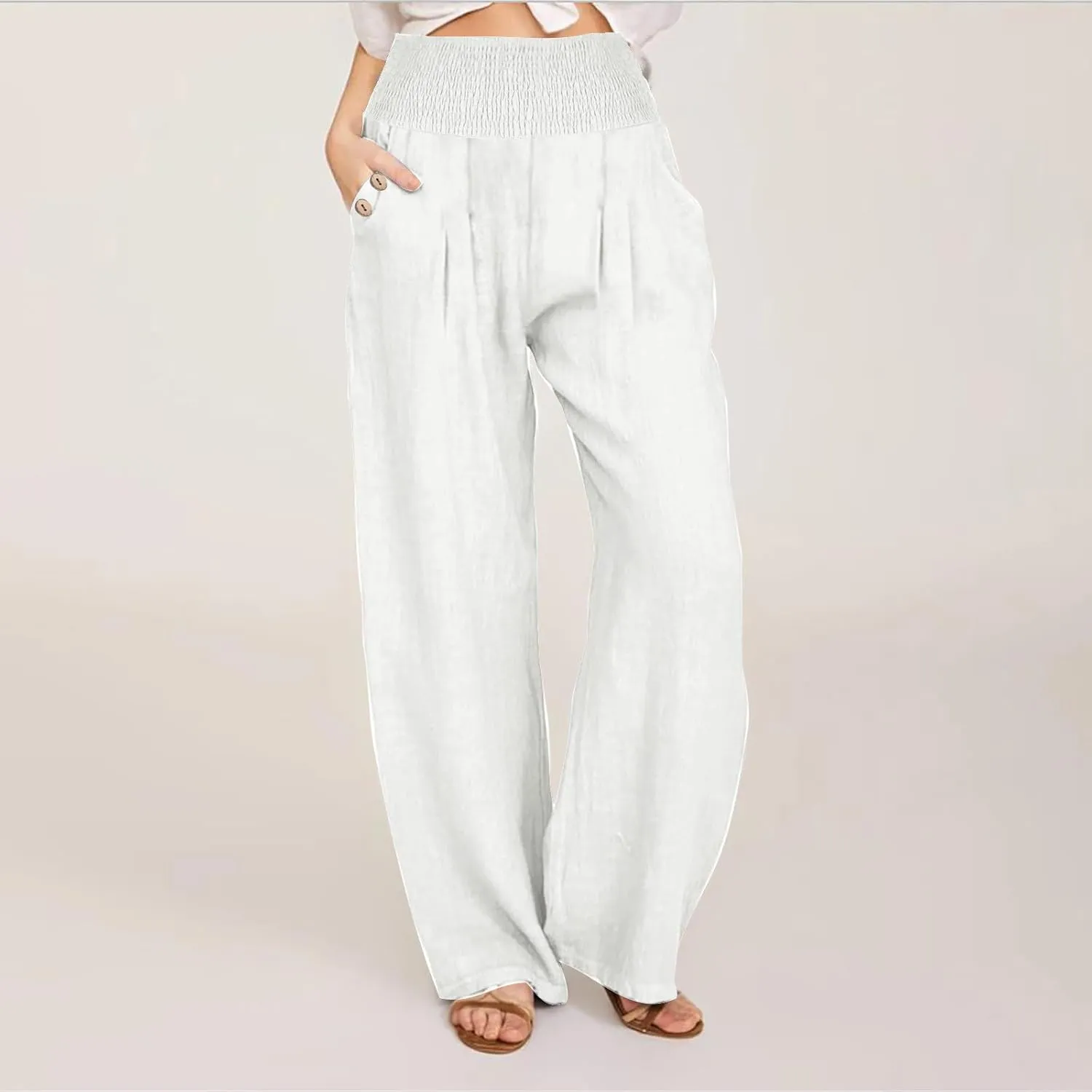 Linen Pants for Women Summer 2025 Casual Drawstring Elastic Waist Long Slacks Wide Leg Pant Lounge Trouser with Pocket