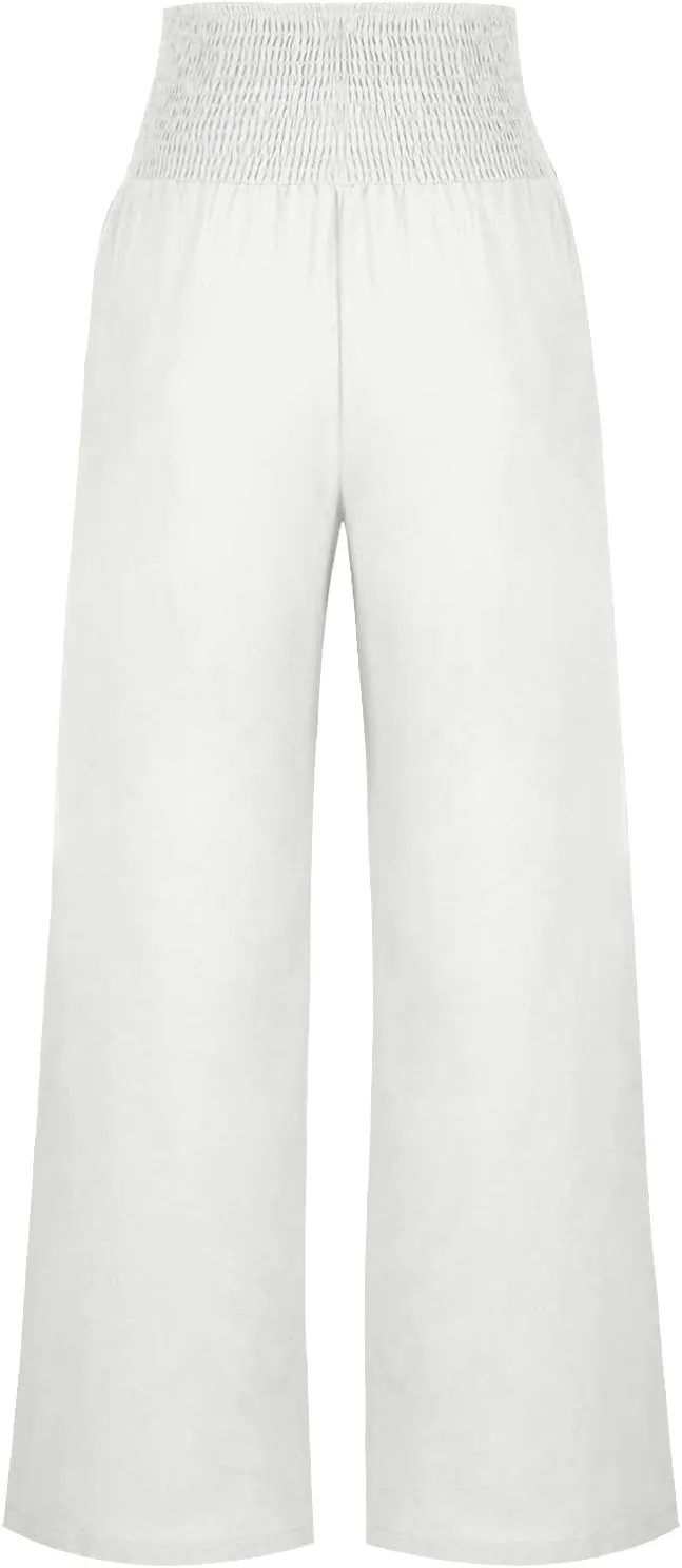 Linen Pants for Women Summer 2025 Casual Drawstring Elastic Waist Long Slacks Wide Leg Pant Lounge Trouser with Pocket