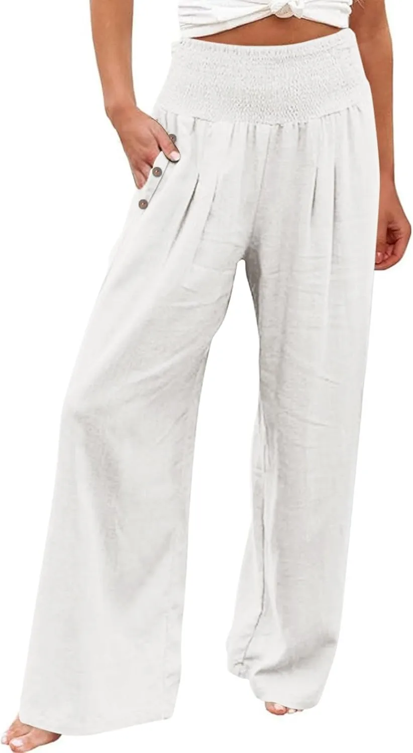 Linen Pants for Women Summer 2025 Casual Drawstring Elastic Waist Long Slacks Wide Leg Pant Lounge Trouser with Pocket