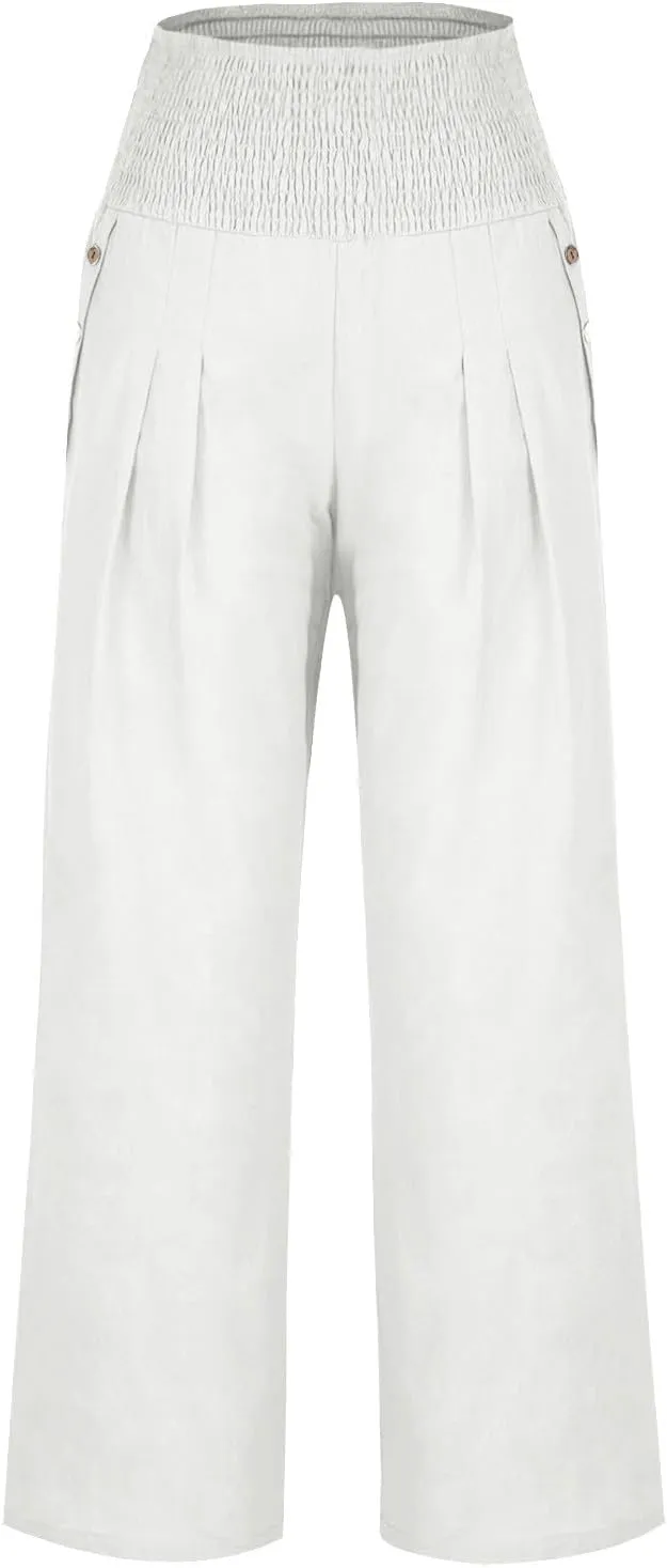 Linen Pants for Women Summer 2025 Casual Drawstring Elastic Waist Long Slacks Wide Leg Pant Lounge Trouser with Pocket
