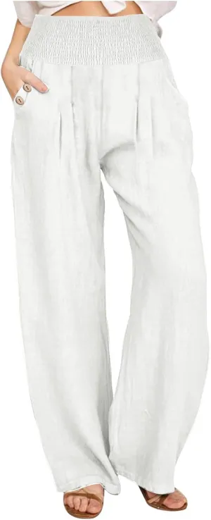 Linen Pants for Women Summer 2025 Casual Drawstring Elastic Waist Long Slacks Wide Leg Pant Lounge Trouser with Pocket