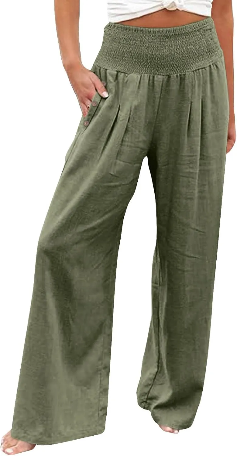 Linen Pants for Women Wide Leg Baggy Lightweight Palazzo Pants Smocked Waist Beach Vacation Flowy Pant with Pockets