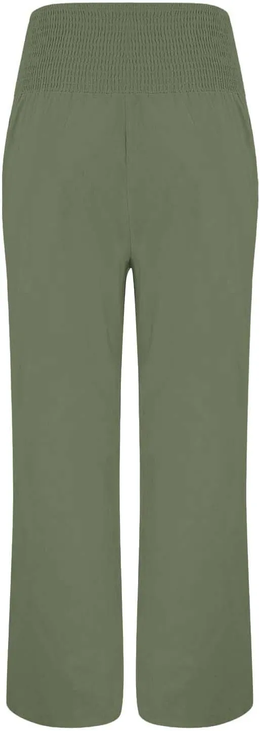 Linen Pants for Women Wide Leg Baggy Lightweight Palazzo Pants Smocked Waist Beach Vacation Flowy Pant with Pockets