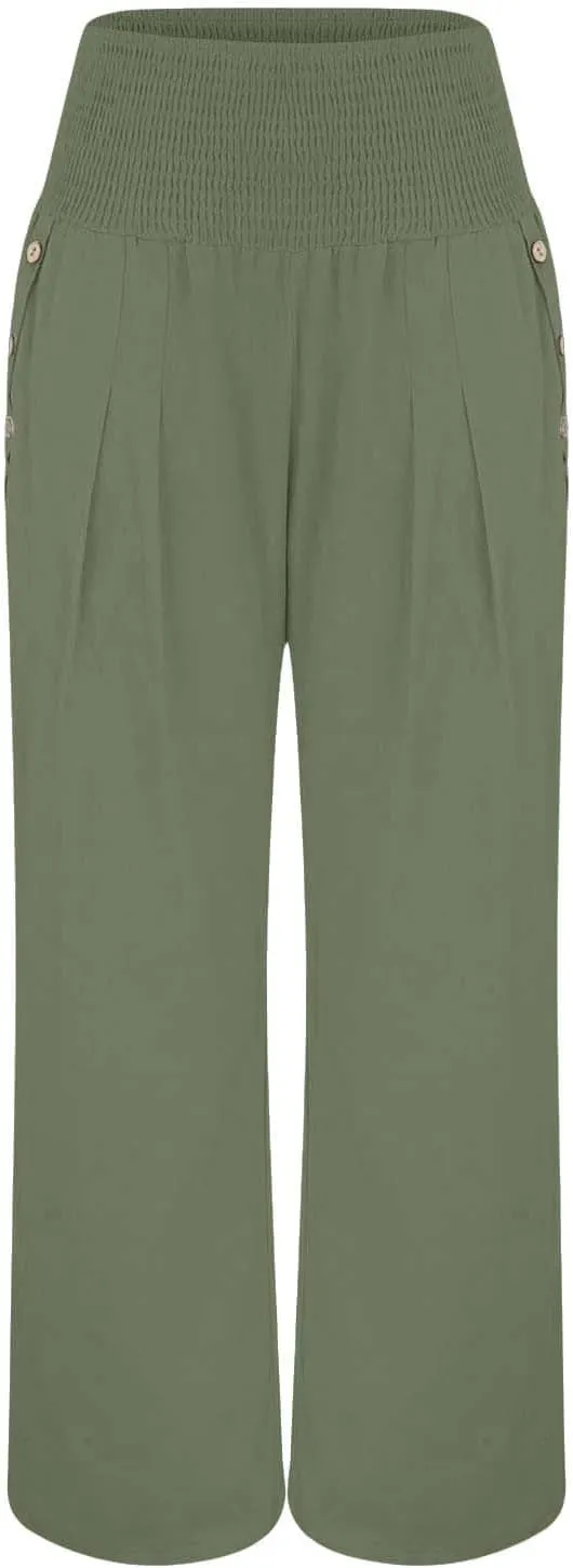 Linen Pants for Women Wide Leg Baggy Lightweight Palazzo Pants Smocked Waist Beach Vacation Flowy Pant with Pockets