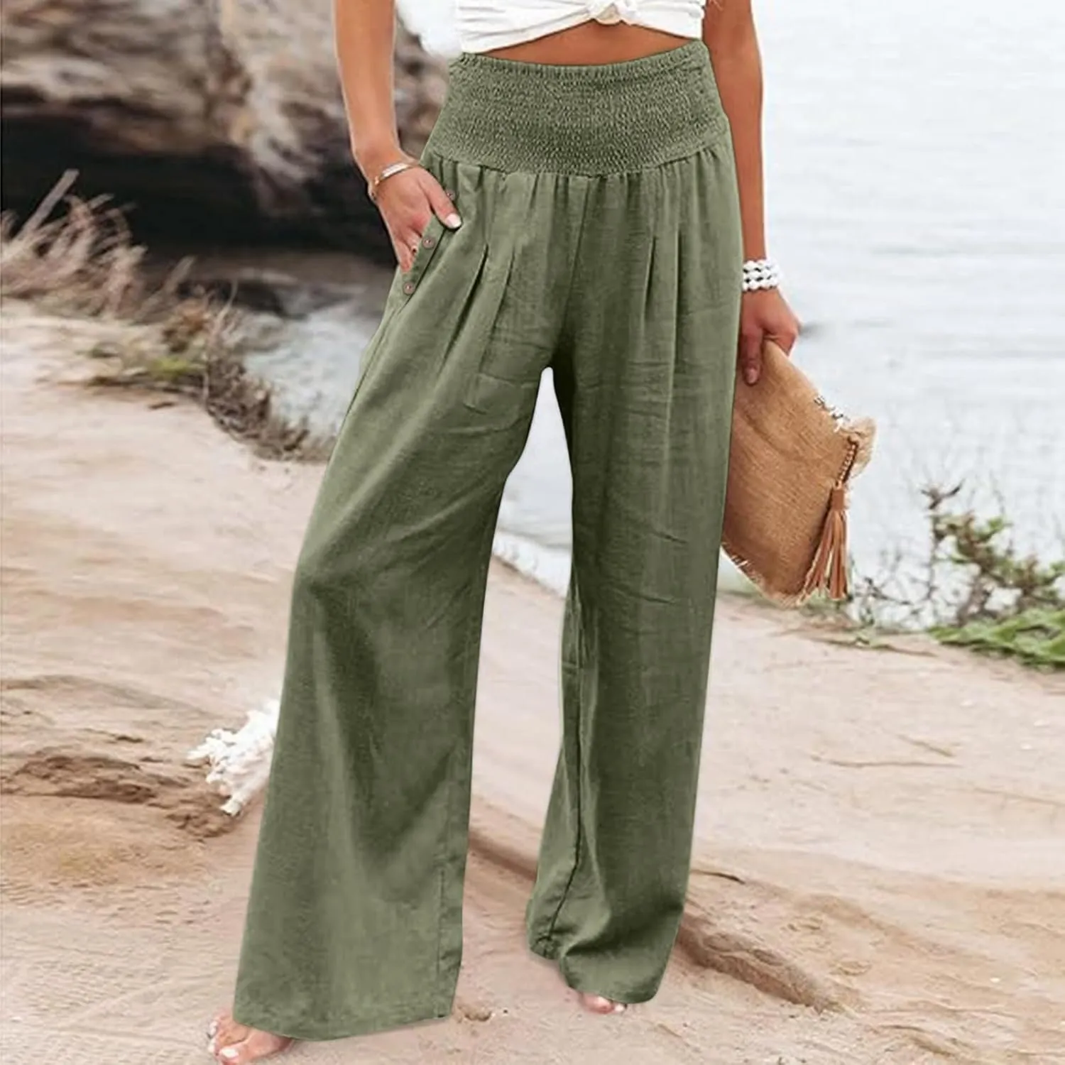 Linen Pants for Women Wide Leg Baggy Lightweight Palazzo Pants Smocked Waist Beach Vacation Flowy Pant with Pockets
