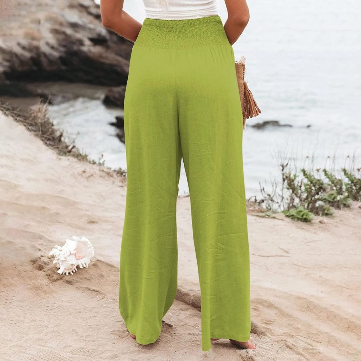Linen Pants Women Comfy Flowy Wide Leg Pants Trousers Summer High Waisted Beach Palazzo Pants with Pockets 2024