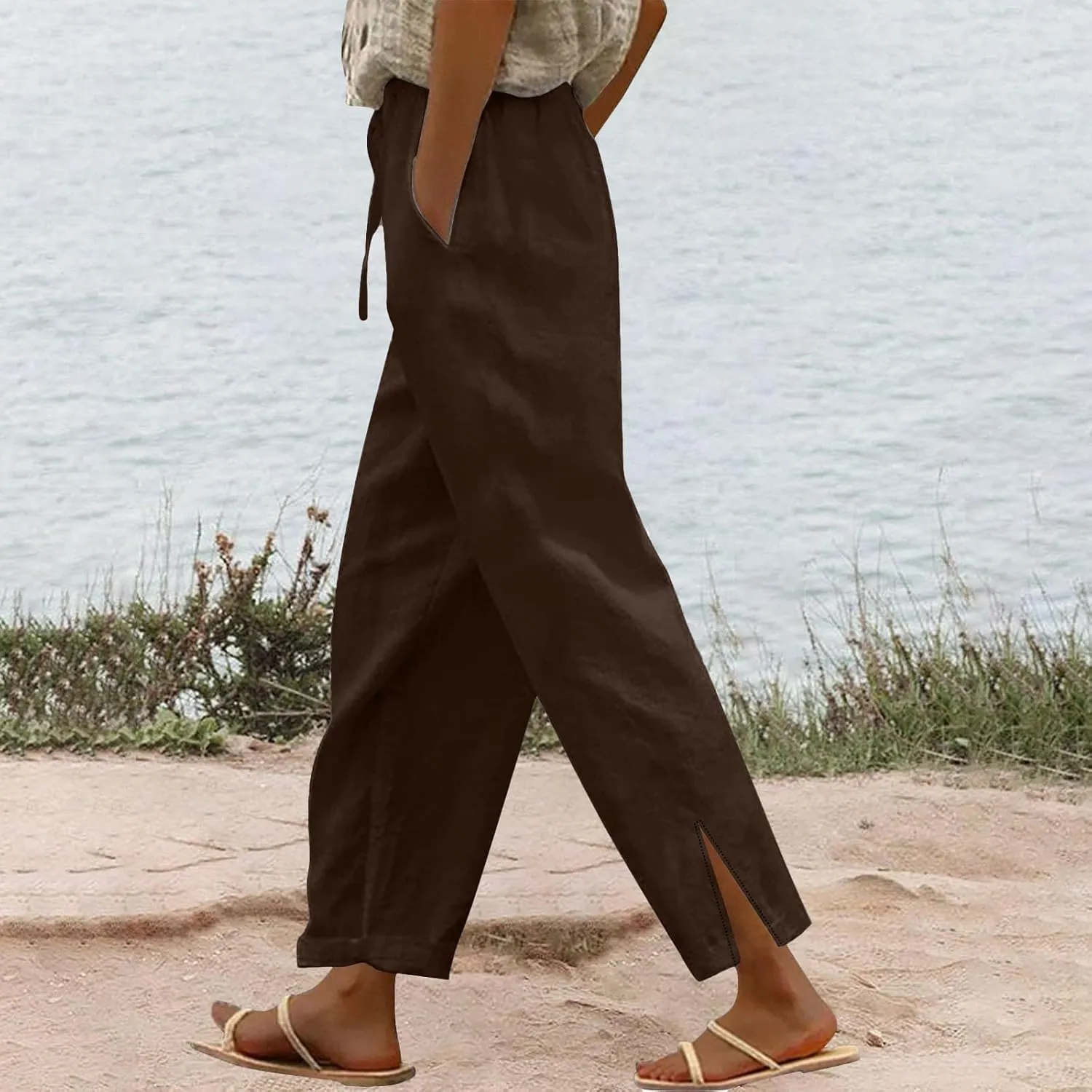 Linen Pants Women Summer Elastic Waist Pants Straight Leg Pants Lounge Beach Trousers with Pockets