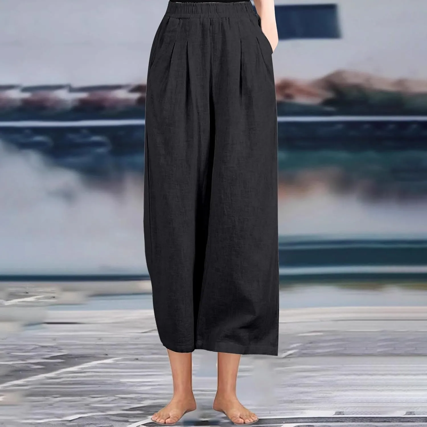 Linen Pants Women Wide Leg High Waist Elastic Pants Casual Summer Beach Comfy Palazzo for Home Workwear Trousers