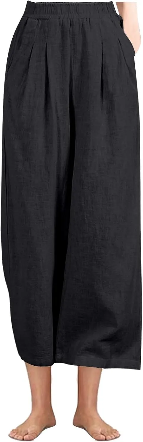 Linen Pants Women Wide Leg High Waist Elastic Pants Casual Summer Beach Comfy Palazzo for Home Workwear Trousers