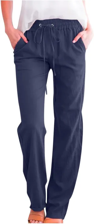 Linen Pants Women Wide Leg Summer Lounge Pants High Waisted Elastic Waist Trousers Fashion Trousers with Pockets 2025