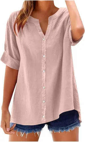 Linen Shirts for Women V Neck Button Down Blouse Roll Up Short Sleeve Tunics Vintage Beach Tops Travel Clothes