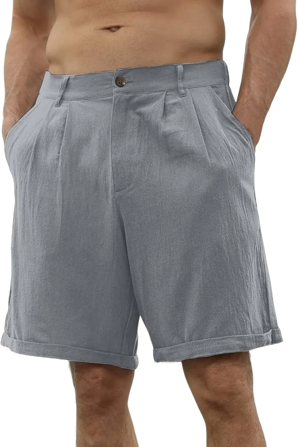Linen Shorts for Men Belt Loops Drawstring Shorts with Pockets 10'' Summer Beach Pocketed Bermuda Shorts