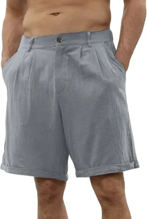 Linen Shorts for Men Belt Loops Drawstring Shorts with Pockets 10'' Summer Beach Pocketed Bermuda Shorts