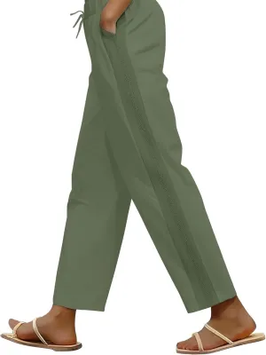 Linen Wide Leg Pants for Women Drawstring High Waisted Palazzo Trousers Loose Casual Summer Cropped Pants with Pockets