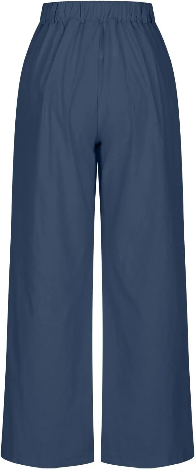 Lmdudan Wide Leg Capri Pants for Women High Waist Cotton Linen Flowy Pleated Capris Cropped Pant Casual Trousers with Pockets