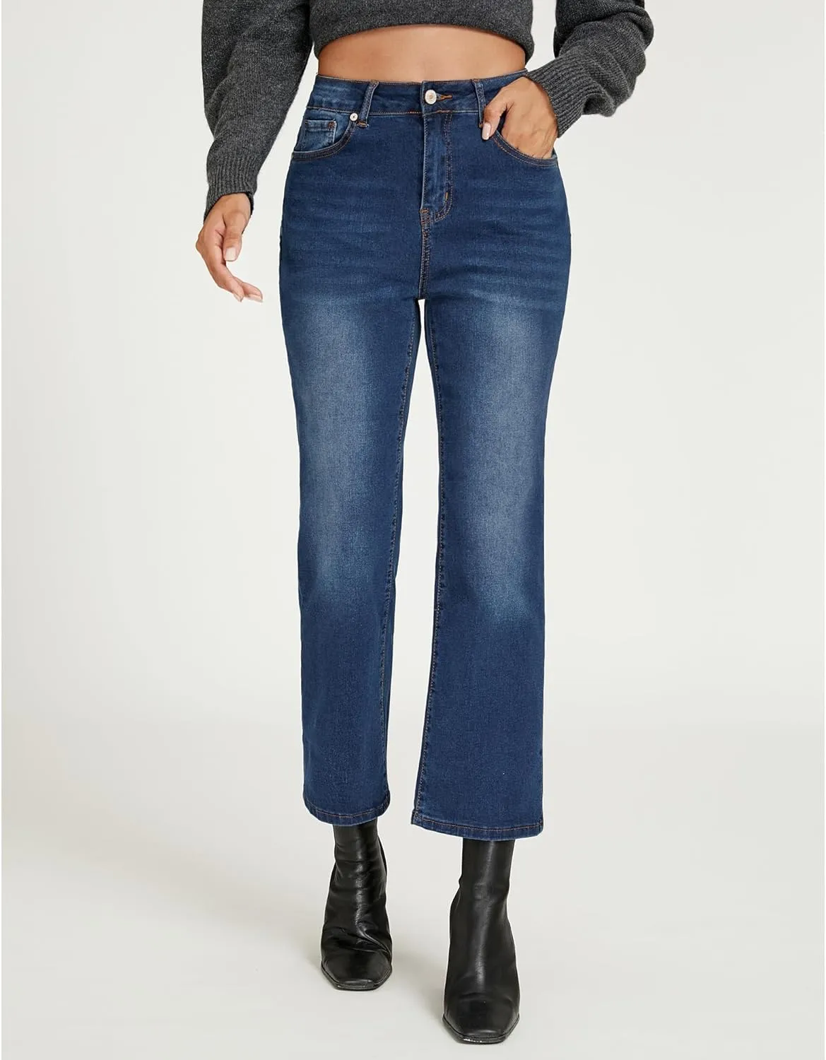 LookbookStore Cropped Jeans for Women High Waisted 90s Baggy Straight Stretchy Denim Pants Trendy Jeans with Pockets