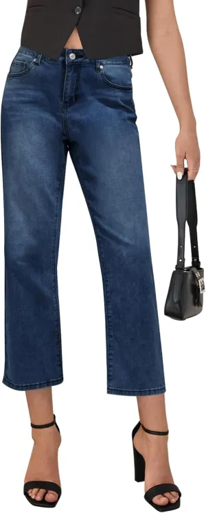LookbookStore Cropped Jeans for Women High Waisted 90s Baggy Straight Stretchy Denim Pants Trendy Jeans with Pockets