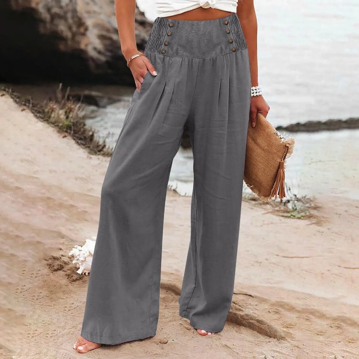 Lounge Pants Plus Size Women Summer Boho Wide Leg High Waist Linen Palazzo Pants 2025 Beach Travel Vacation Trouser