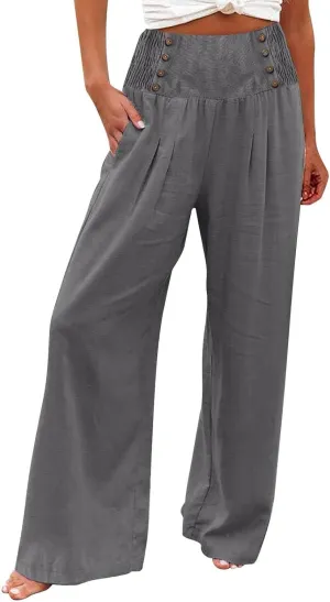 Lounge Pants Plus Size Women Summer Boho Wide Leg High Waist Linen Palazzo Pants 2025 Beach Travel Vacation Trouser
