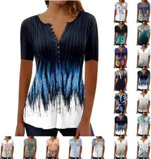 LRMQS Short Sleeve Summer Tops for Women 2024 Vacation Trendy Loose Fit Boho V Neck Tunic Blouse Casual Floral Shirt Clothing