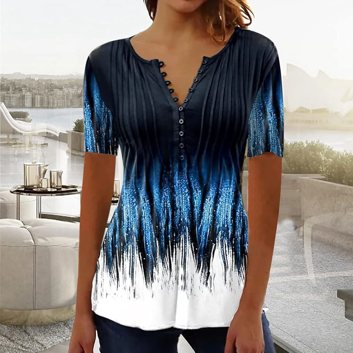 LRMQS Short Sleeve Summer Tops for Women 2024 Vacation Trendy Loose Fit Boho V Neck Tunic Blouse Casual Floral Shirt Clothing