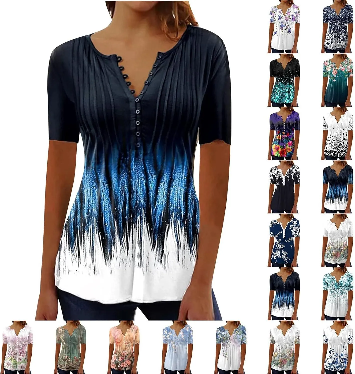 LRMQS Short Sleeve Summer Tops for Women 2024 Vacation Trendy Loose Fit Boho V Neck Tunic Blouse Casual Floral Shirt Clothing