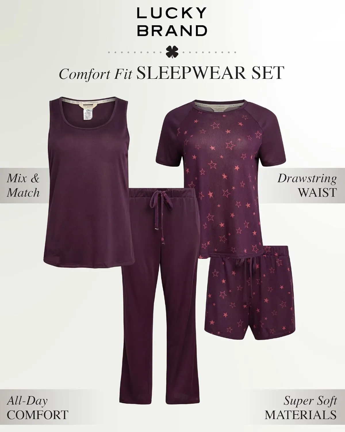 Lucky Brand 4-Piece Lounge Pajamas Sets For Women - Buttery Soft Top, Tank Top, Shorts and Pants