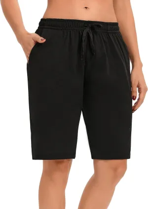 LUCKYCATCUS Women's Bermuda Shorts Jersey Shorts with Pockets Yoga Walking Athletic Long Shorts for Women Knee Length