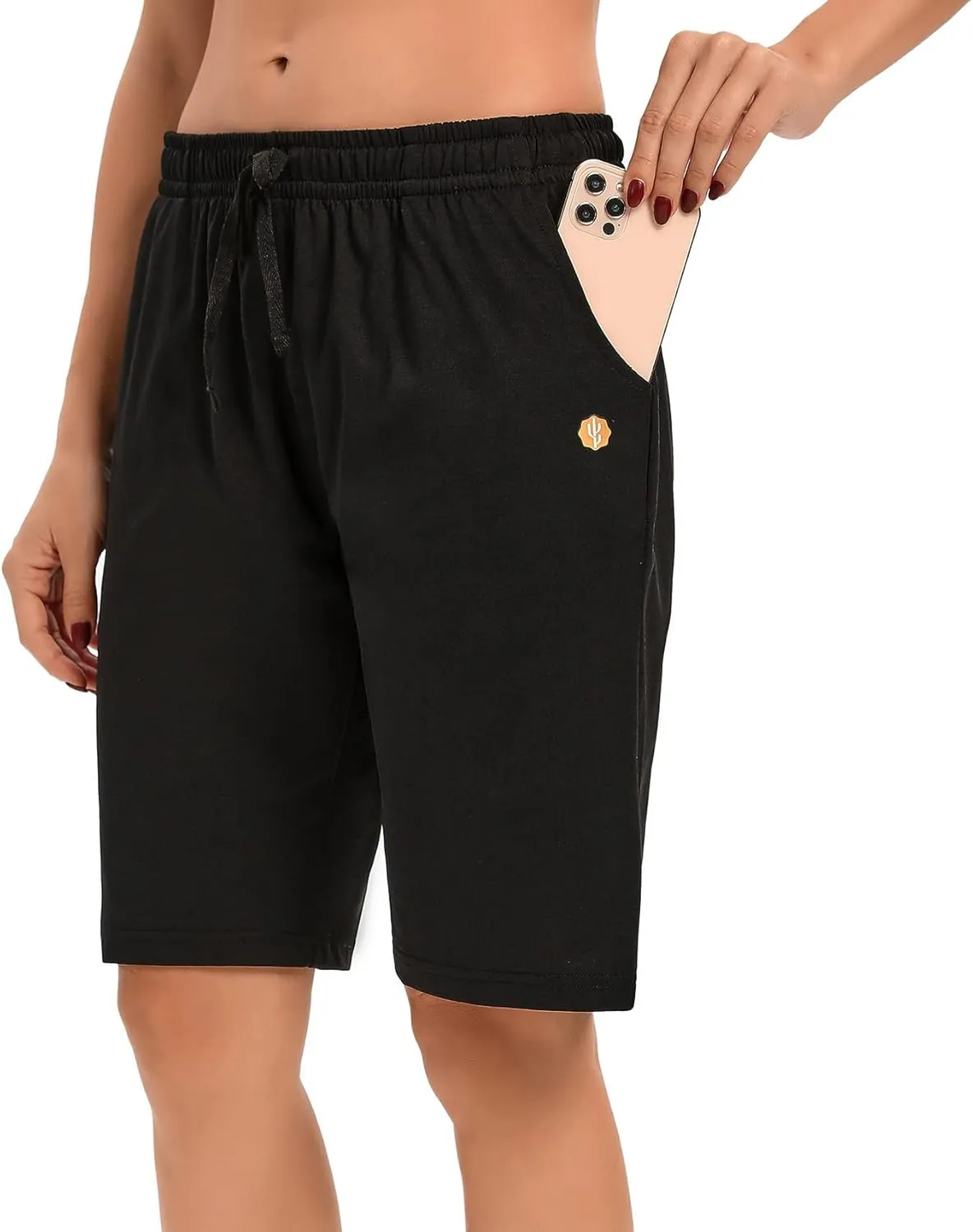 LUCKYCATCUS Women's Bermuda Shorts Jersey Shorts with Pockets Yoga Walking Athletic Long Shorts for Women Knee Length