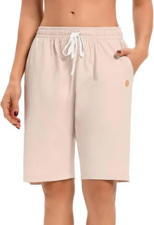 LUCKYCATCUS Women's Bermuda Shorts Jersey Shorts with Pockets Yoga Walking Athletic Long Shorts for Women Knee Length