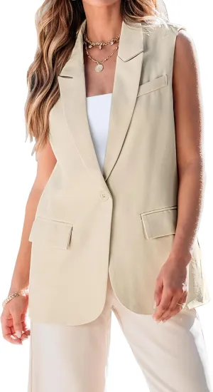 luvamia Long Vest for Women 2025 Spring Business Casual Sleeveless Open Front Blazers Suit Vests Top Pockets Work Office