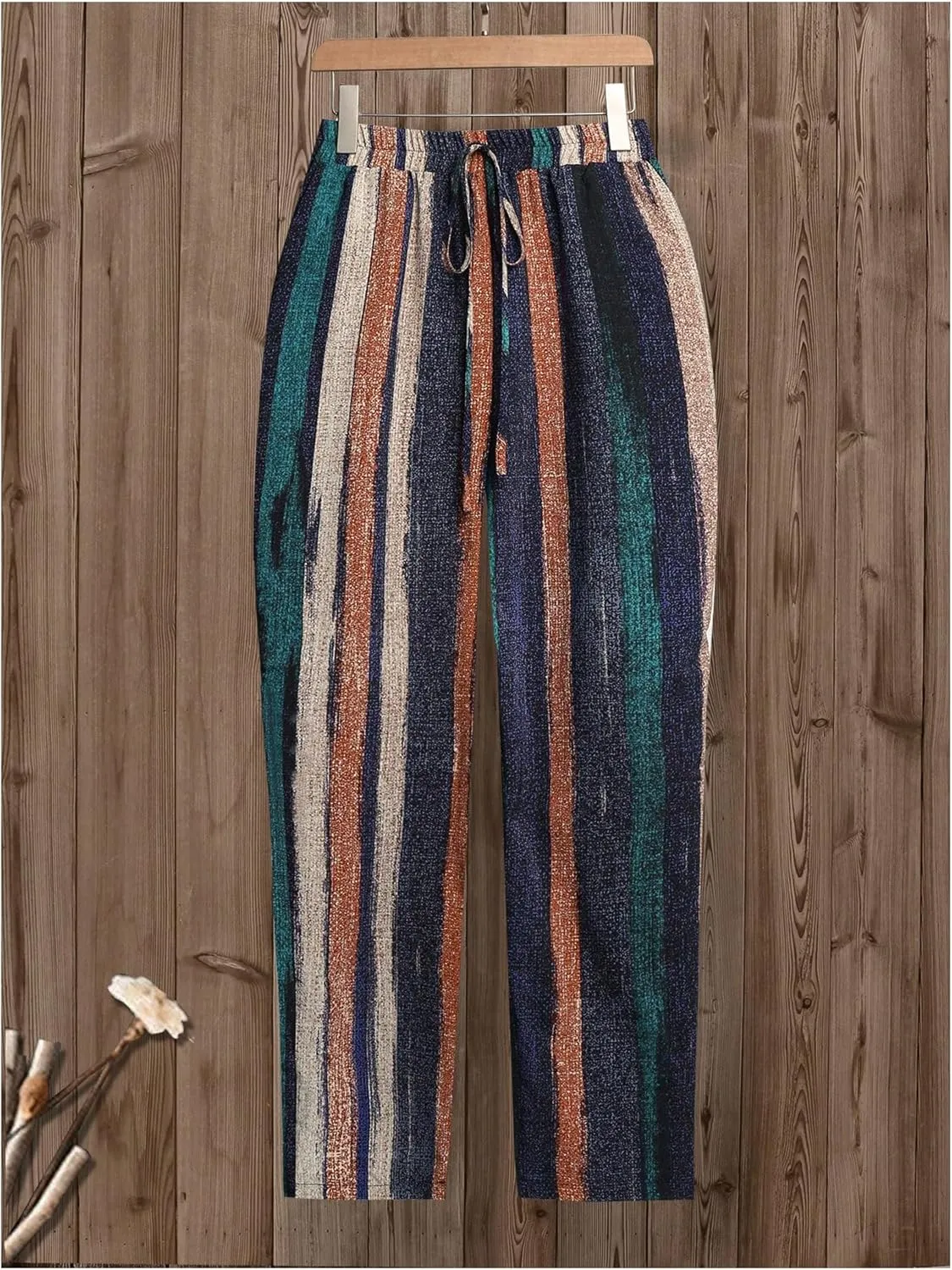 MakeMeChic Women's Capri Pants Striped Drawstring High Waist Casual Loose Trousers Pajamas Pants with Pockets