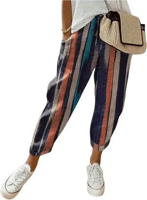 MakeMeChic Women's Capri Pants Striped Drawstring High Waist Casual Loose Trousers Pajamas Pants with Pockets