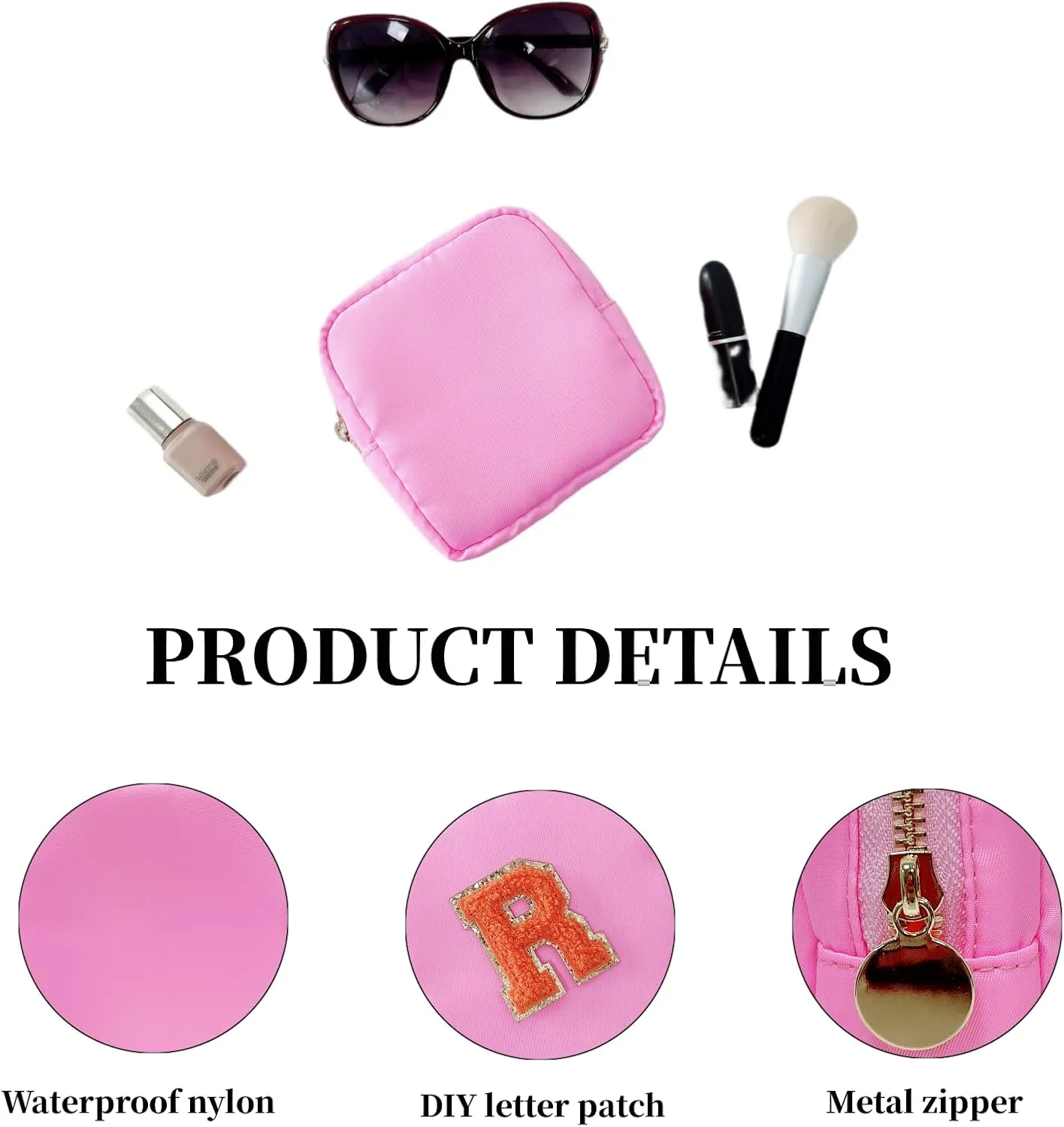 Makeup Bag, Chenille Letter Bag,Nylon Cosmetic Zipper Pouch Bag, Travel Toiletry Storage Bag Pouch,Makeup Organizer,Preppy Makeup Bags Mini,Small,.Large for Women