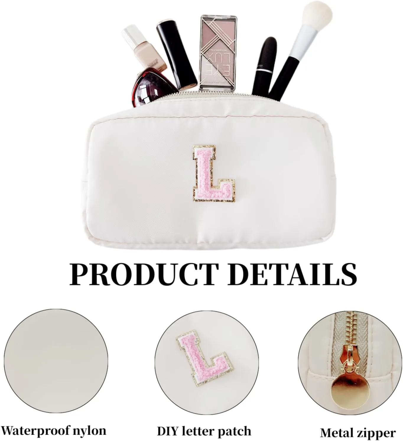 Makeup Bag, Chenille Letter Bag,Nylon Cosmetic Zipper Pouch Bag, Travel Toiletry Storage Bag Pouch,Makeup Organizer,Preppy Makeup Bags Mini,Small,.Large for Women