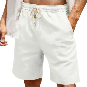Men Linen Shorts Elastic Waist Drawstring Cotton Linen Shorts with Pockets Loose Fit Outdoor Summer Beach Shorts