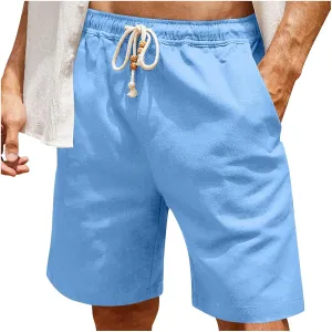 Men Linen Shorts Elastic Waist Drawstring Cotton Linen Shorts with Pockets Loose Fit Outdoor Summer Beach Shorts