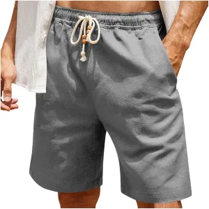 Men Linen Shorts Elastic Waist Drawstring Cotton Linen Shorts with Pockets Loose Fit Outdoor Summer Beach Shorts