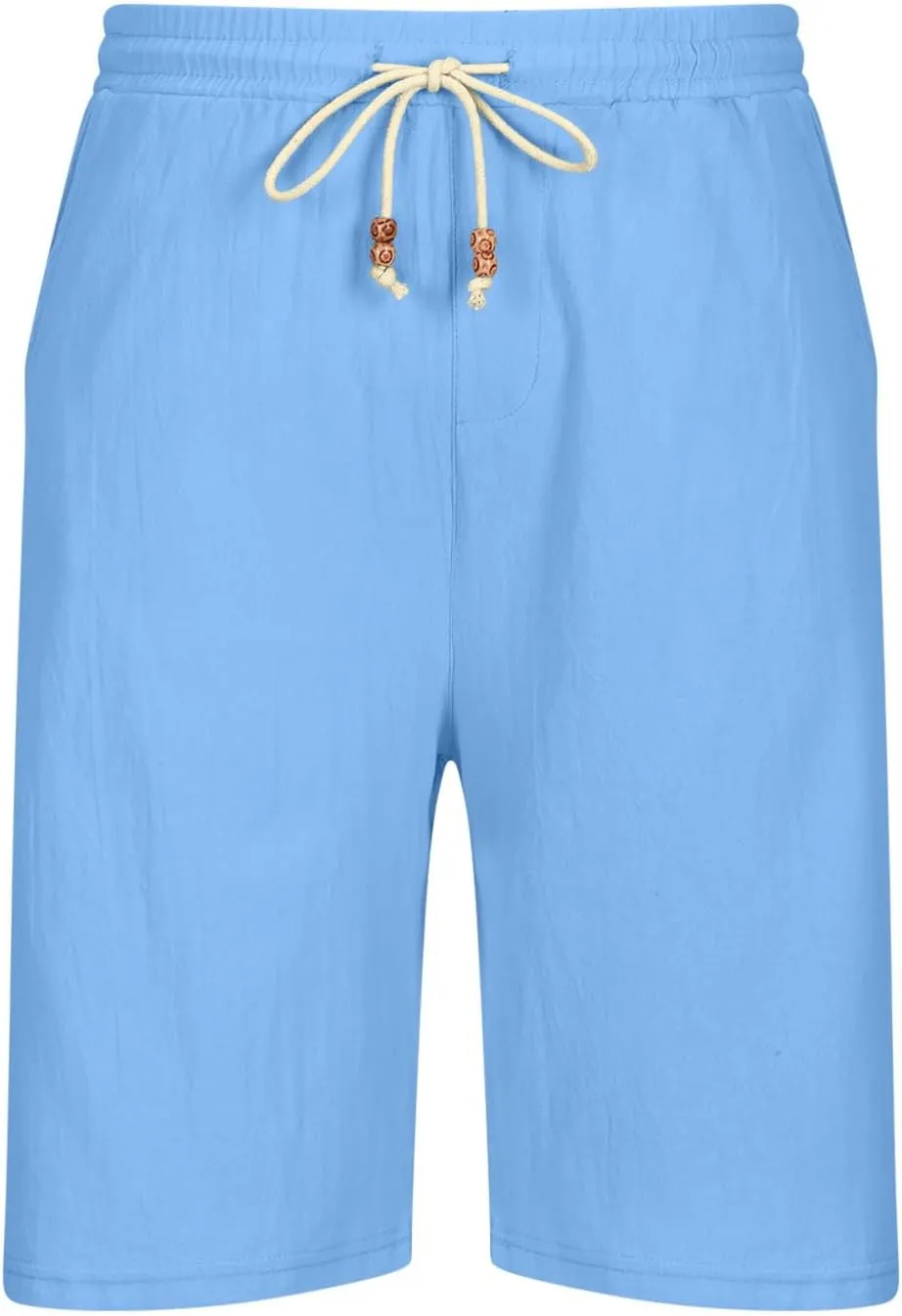 Men Linen Shorts Elastic Waist Drawstring Cotton Linen Shorts with Pockets Loose Fit Outdoor Summer Beach Shorts