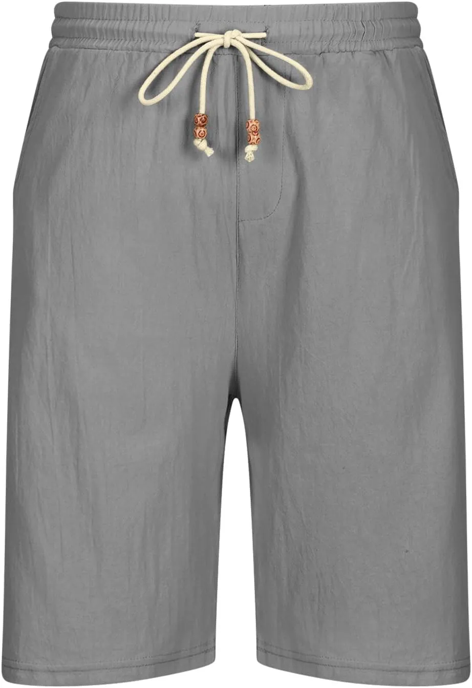 Men Linen Shorts Elastic Waist Drawstring Cotton Linen Shorts with Pockets Loose Fit Outdoor Summer Beach Shorts