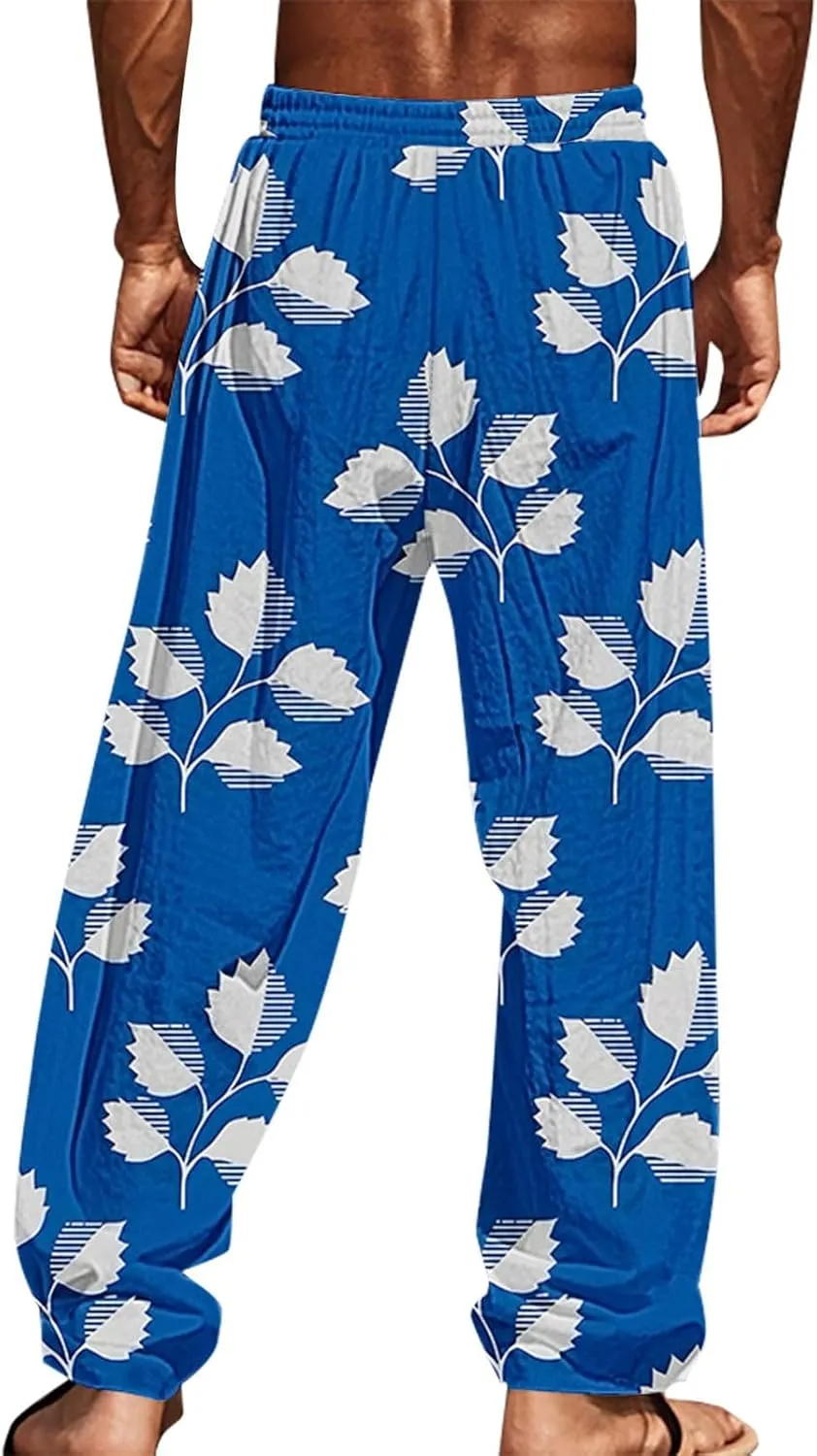Mens Beach Pants Summer Tropical Plants Print Lightweight Baggy Vacation Slacks Plus Size Drawstring Casual Trousers