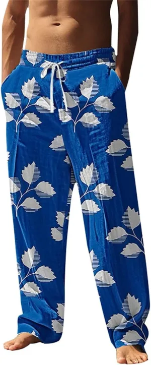 Mens Beach Pants Summer Tropical Plants Print Lightweight Baggy Vacation Slacks Plus Size Drawstring Casual Trousers