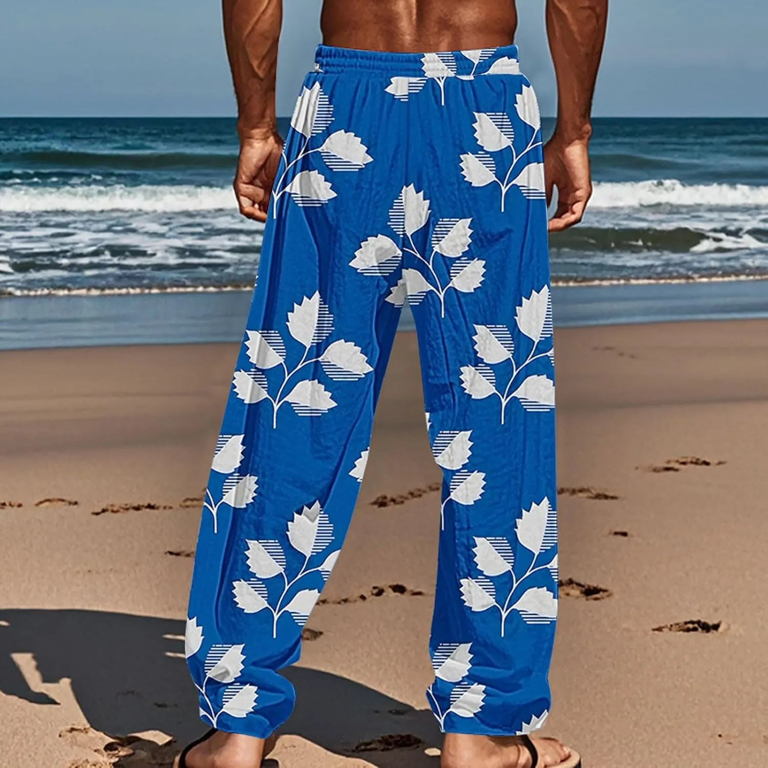 Mens Beach Pants Summer Tropical Plants Print Lightweight Baggy Vacation Slacks Plus Size Drawstring Casual Trousers